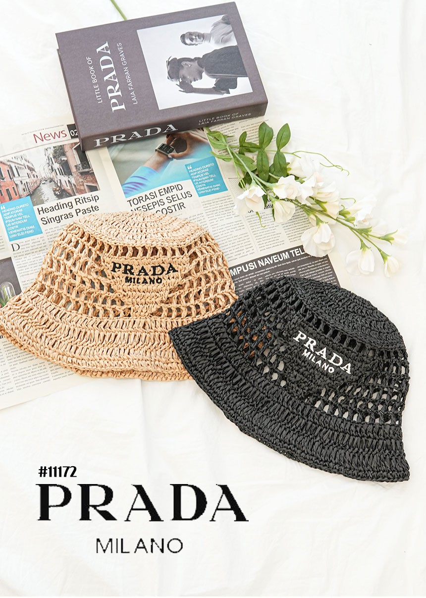 [PRADA] 프라다 남여공용 Raffia 라피아 우븐 패브릭 버킷 햇(국내배송)