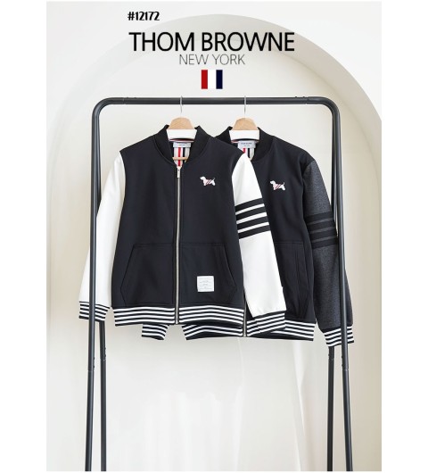 [THOM BROWNE] 톰브라운 배색 도그자수 4바 기모 소매 스트라이프 블루종 자켓 (국내배송)