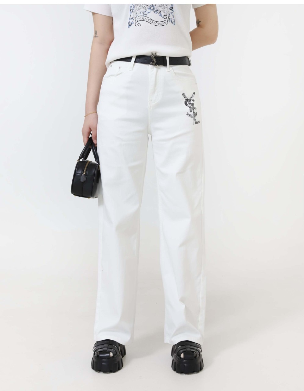 입생로랑 수입 로고 프린팅 세미 와이드 진 국내배송