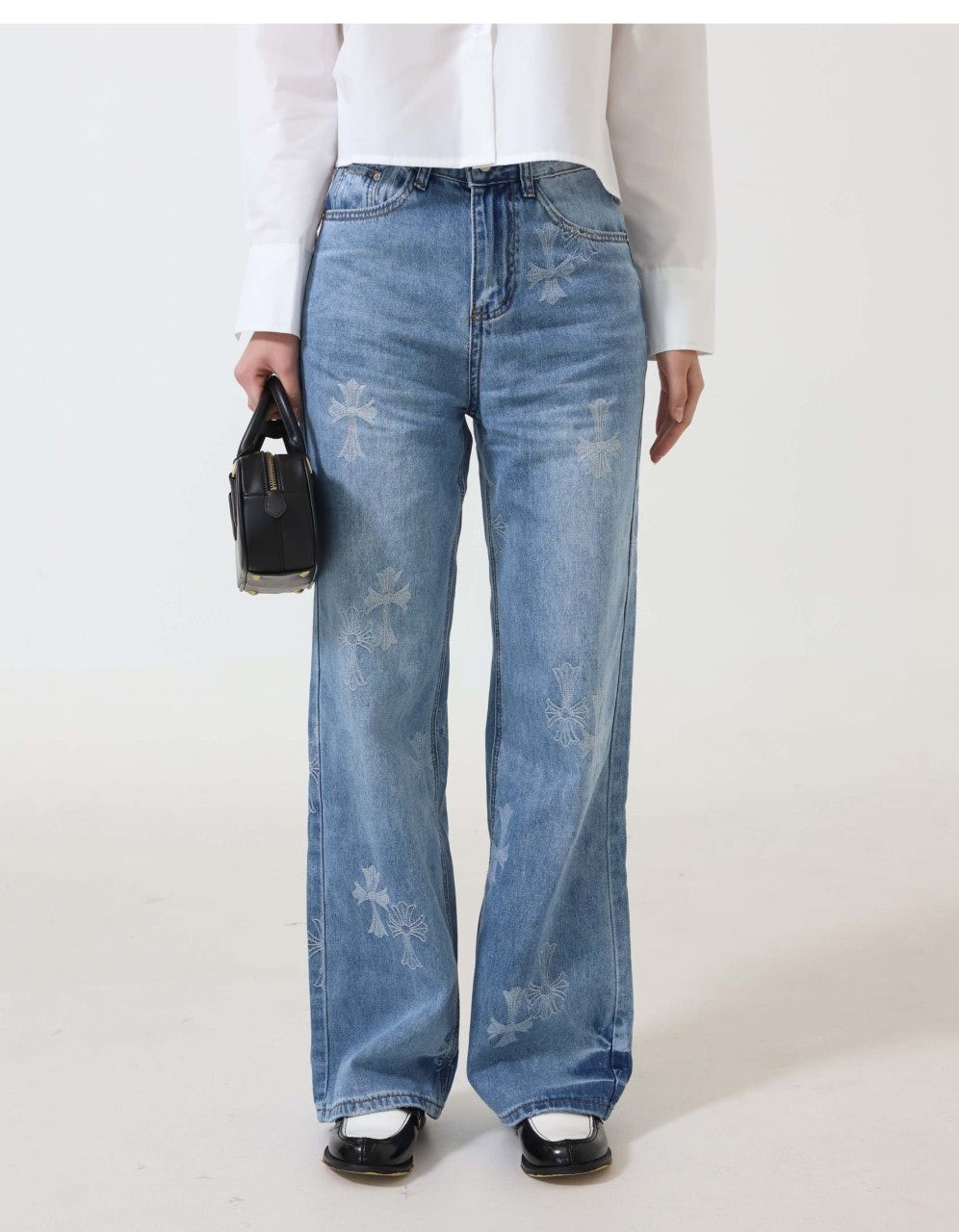 크롬하츠 수입 여성 십자가 로고 프린팅 와이드 진 입고 국내배송