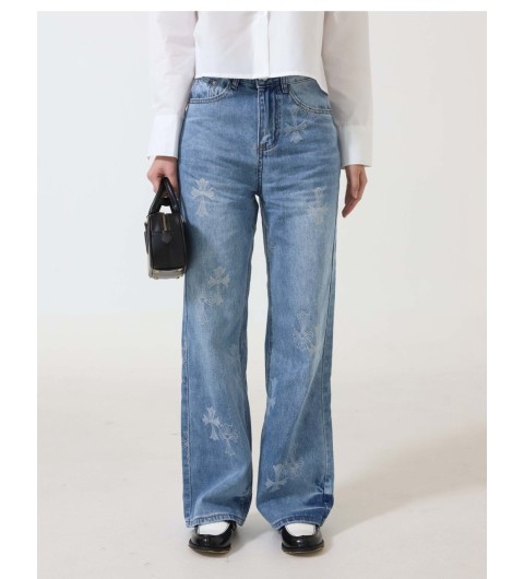 크롬하츠 수입 여성 십자가 로고 프린팅 와이드 진 입고 국내배송