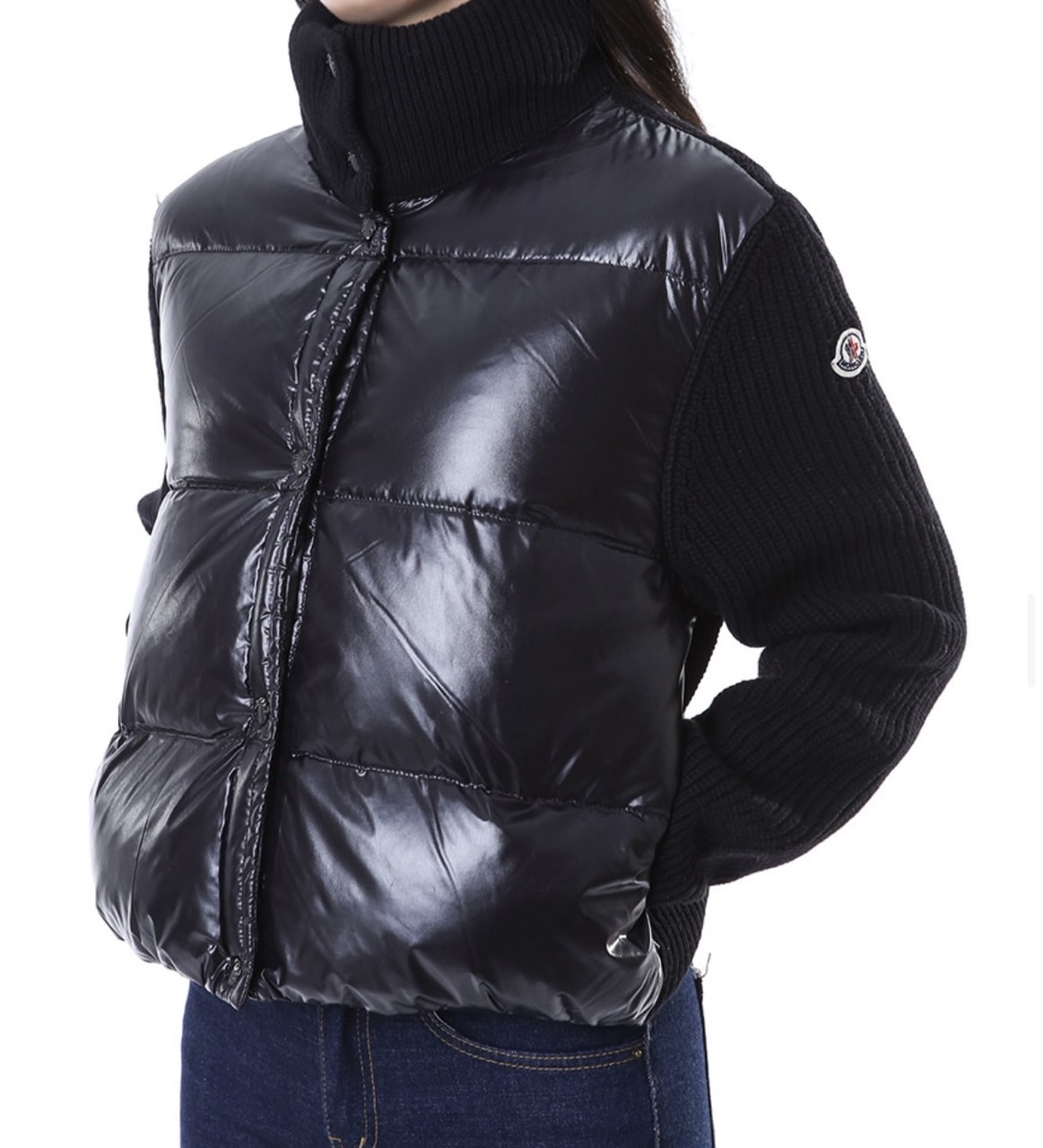 몽클레어 로고패치 패딩 레이어드 하이넥 여성 니트 집업 국내배송