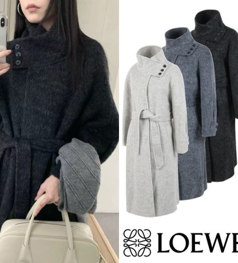 로에베 25FW. 버튼 하이넥 카멜헤어 핸드메이드 코트 국내배송