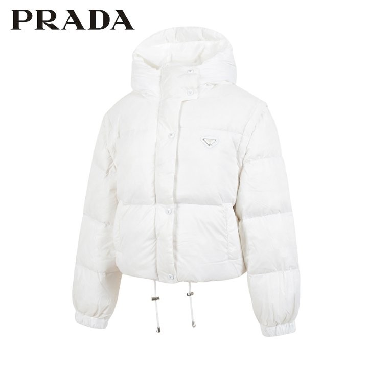 프라다25FW. 클래식 트라이앵글 후드 덕다운 멀티 패딩 국내배송