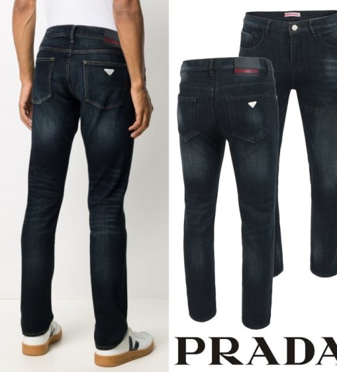 프라다 26SS. 화이트 트라이앵글 진청 슬림진 국내배송