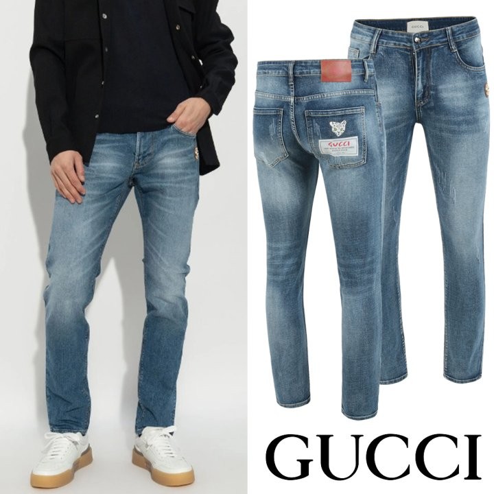 구찌 26SS. 레더패치 캣 프린트 워싱 슬림진 국내배송